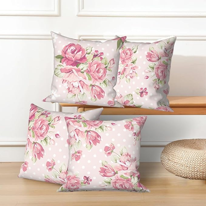 Flower Throw Pillow Covers 24"x24" Set of 4, Romantic Spring Blooming Pink Roses Floral Couch Cushion Cases for Chair Sofa Bed Living Room Garden Car Indoor Outdoor Home Decorative