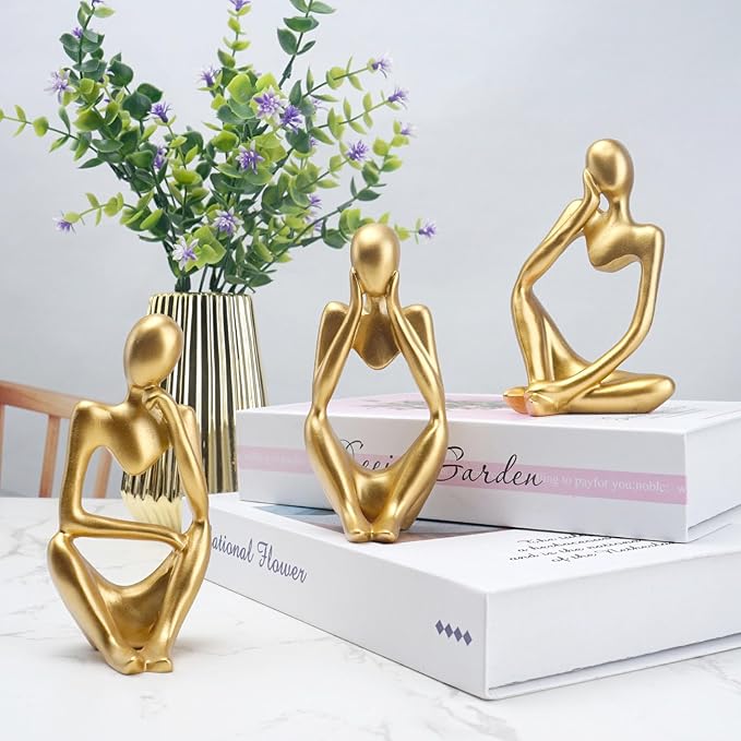 BOPART 3Pcs Gold Statues Decor for Home, Office or Living Room, Resin Thinker Figurines Sculptures Gold Accent for Bookshelf or Coffee Table Decoration