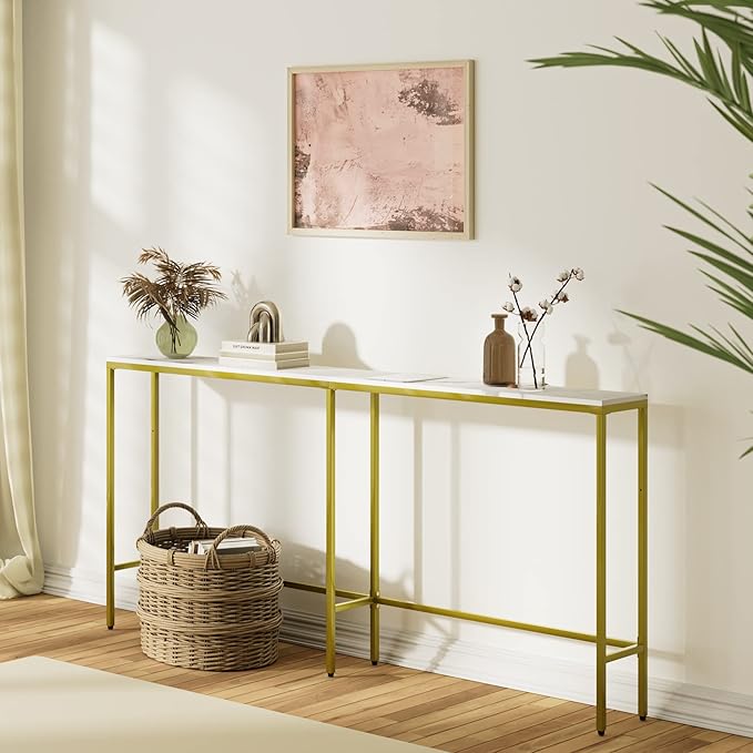 70.9" Console Table,Modern Extra Narrow Long Sofa Table Behind Couch,Skinny Entry Table with Gold Metal Frame for Living Room, Hallway,Marble White