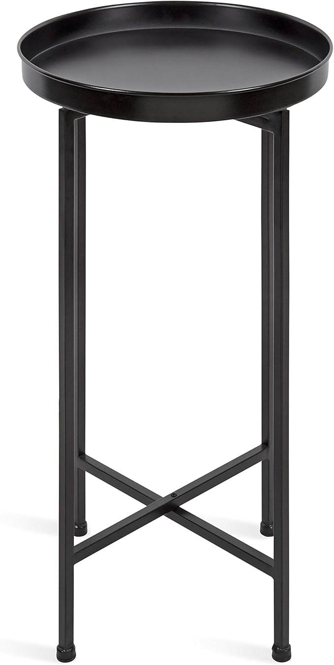 Kate and Laurel Celia Round Metal Foldable Accent Table with Tray Top, Black