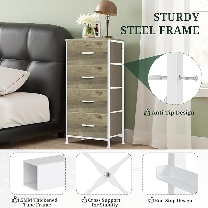 Nightstand, 4 Drawer Dresser End Table Bedside Furniture with Wooden Top Steel Frame Fabric Bins for Bedroom, Closet, Entryway, Dorm, Living Room, Greige Oak
