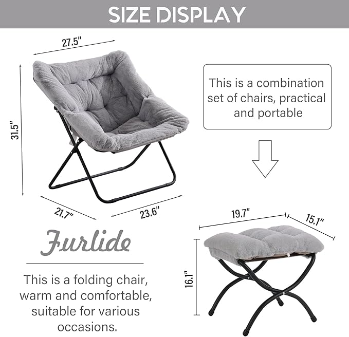 Saucer Chair with Ottoman, Oversized Foldable Faux Fur Chair, X-Large Soft Dorm Chair, Patio, Study, Playroom (Grey)