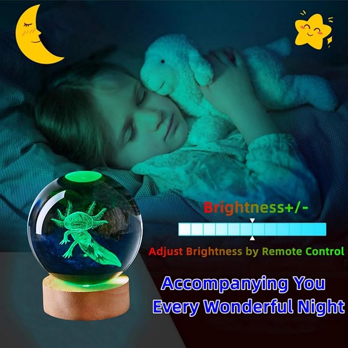 Axolotl Crystal Ball Lamp with LED Wooden Base, 16 Colors Change & Remote Control Crystal Ball Night Light, Upgraded 3.15 Inch Glass Light, Gift for Kids Wife Girlfriend (Axolotl)