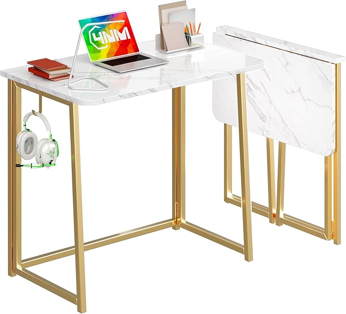4NM 31.5" Small Folding Desk, Foldable Computer Home Office Desk, Study Writing Table for Small Space Saving Bedroom, Easy Assembly - White and Golden