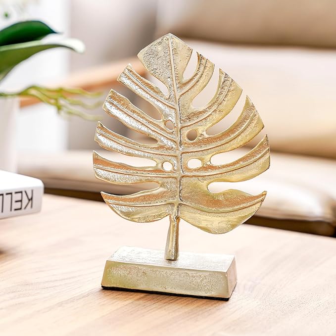 MyGift Brass Tone Metal Palm Leaf Modern Art Sculpture Decor, Monstera Plant Statue - Handcrafted in India