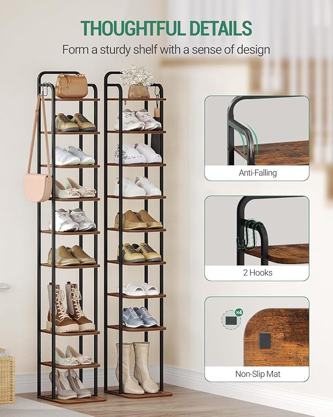 10 Tiers Vertical Shoe Rack, Narrow Shoe Tower, Tall Shoes Shelf with 2 Hooks, Adjustable Shelves, Corner Shoes Shelves for Small Spaces, Entryway, Living Room, Rustic Brown SR11201B