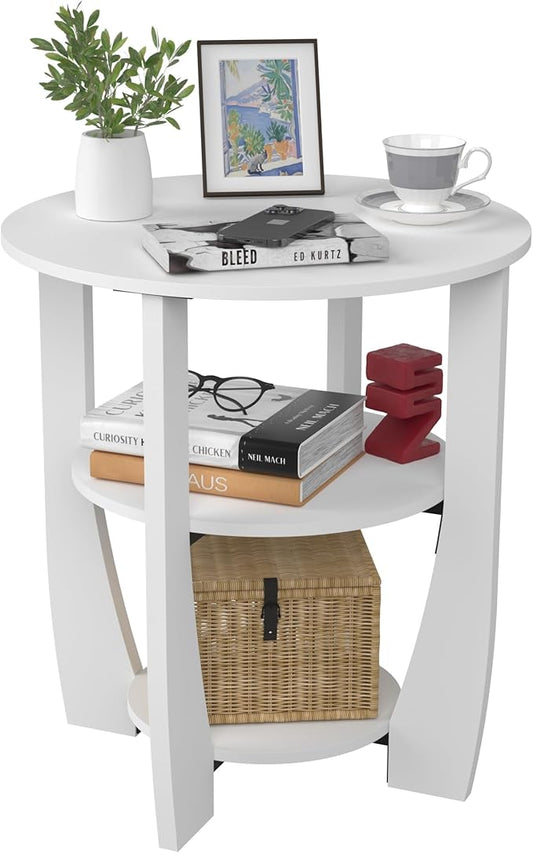 Round End Table with Storage Shelf,3 Tier Modern Side Table, Sofa Recliner Side Table,Accent Coffee Table,Nightstand for Living Room Bedroom for Small Spaces,19.7" D x 21.7" H