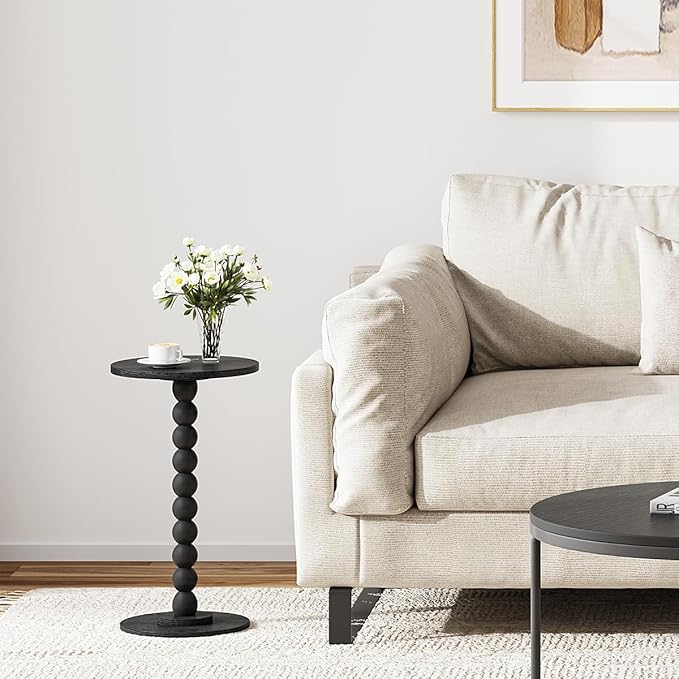 Round Side Table, Small Drink Table for Small Spaces, Pedestal End Table for Living Room, Modern Accent Nightstand with Solid Wood Leg for Bedroom, Corners and Office Black Color UTBT005B