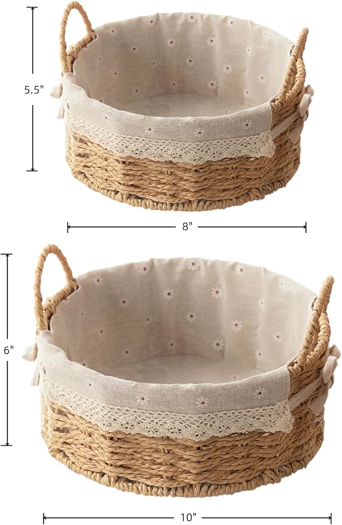 GIB Small Wicker Storage Baskets for Organizing, Decorative Woven Baskets with Handles & Liners, Boho Paper Rope Round Serving Baskets Trays for Shelves, Table, Gifts, Set of 2