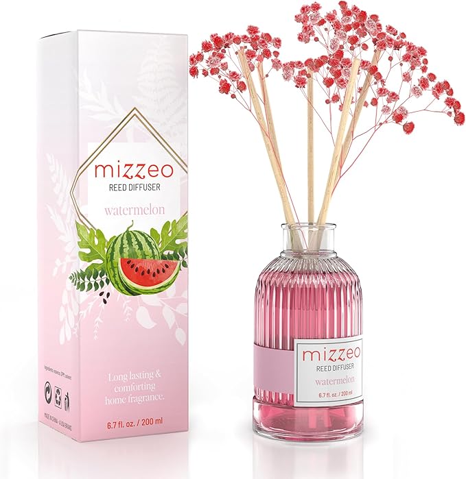 MIZZEO Reed Diffuser Set, Watermelon 6.76 fl oz Highly Scented Room Diffuser Home Fragrance Essential Oil Reed Flower Diffuser, House Bedroom Office Decor & Gifts