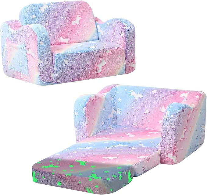 MeMoreCool Toddler Chair & Sofa Bed – Glow‑in‑The‑Dark Unicorn Design | Convertible Fold‑Out Plush Couch for Kids Ages 1‑5, Machine‑Washable Cover, Ideal for Playroom, Naps, Travel