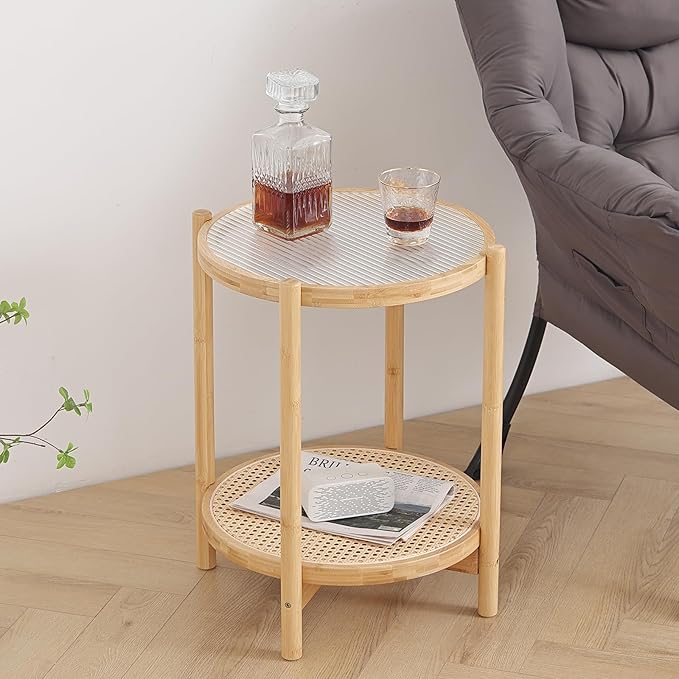 Tiita Rattan Nightstand Side Table, Bamboo Accent Bedside Tables, Glass Coffee Tables, Boho Wooden End Table with Storage for Small Space, Living Room and Bedroom