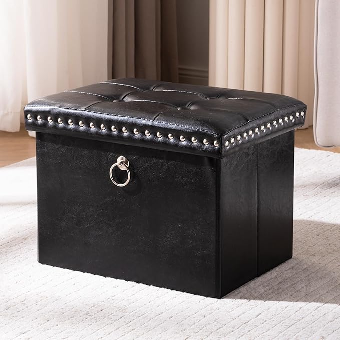 Storage Ottoman Foot Rest Stool, Foldable Leather Footstool Storage Bench with Rivet Design, Thicker Foam Padded Seat, Footrest Under Desk for Living Room Bedroom 242 lbs, 16x12x12 in, Black
