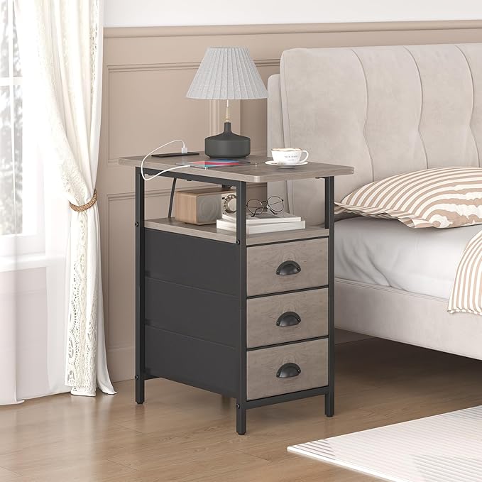 End Table with Charging Station, Side Tables Livingroom with USB Ports and Outlets,Narrow Nightstands Bedside Tables with 3 Drawers for Small Space,Slim Sofa Table Bedroom,Grey