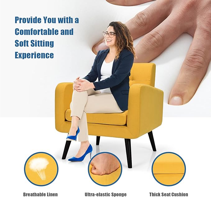 Giantex Upholstered Accent Chair Set of 2, Modern Mid Century Linen Fabric Living Room Chair with Arms, Max Load 265 Lbs, Comfy Tufted Single Sofa for Reading, Bedroom, Office, Club, Yellow