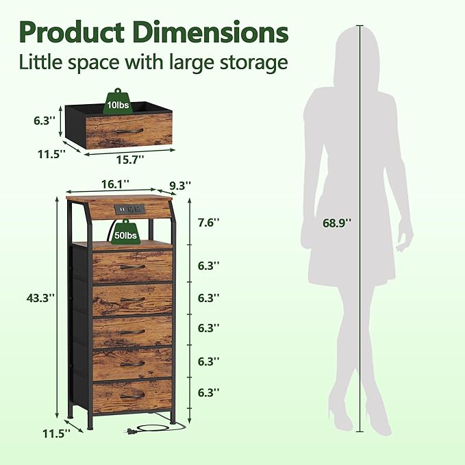 Furnulem 5 Drawers Dresser with Charging Station, Tall Night Stand with Storage Shelf, Fabric Chest of Drawers, Bedside Table for Closet, Entryway, Bedroom Furniture, 3 Ways to Use, Rustic Brown