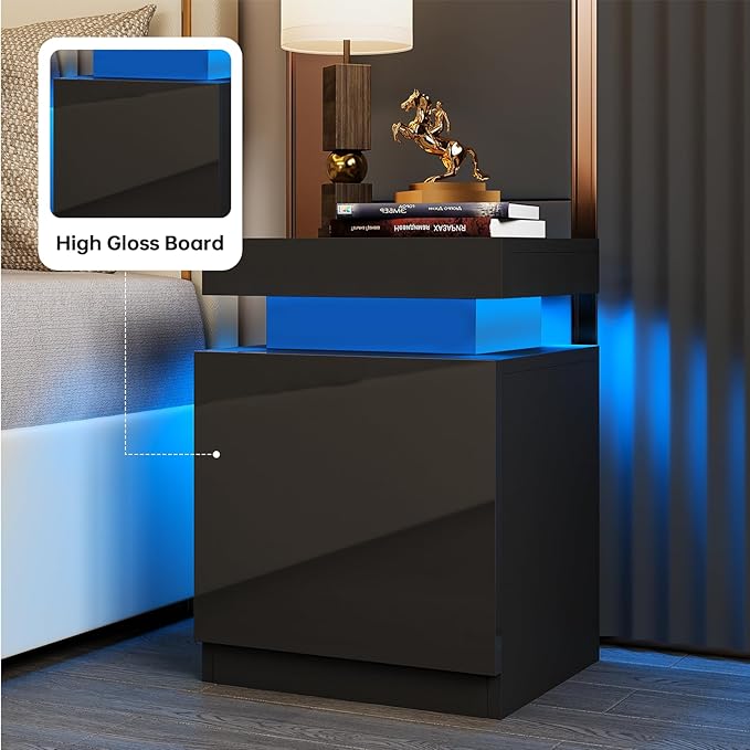 oneinmil LED Nightstands Set of 2, Night Stand with Storage Cabinet for Bedroom, Bedside Table with LED Lights, Modern End Side Table, Black