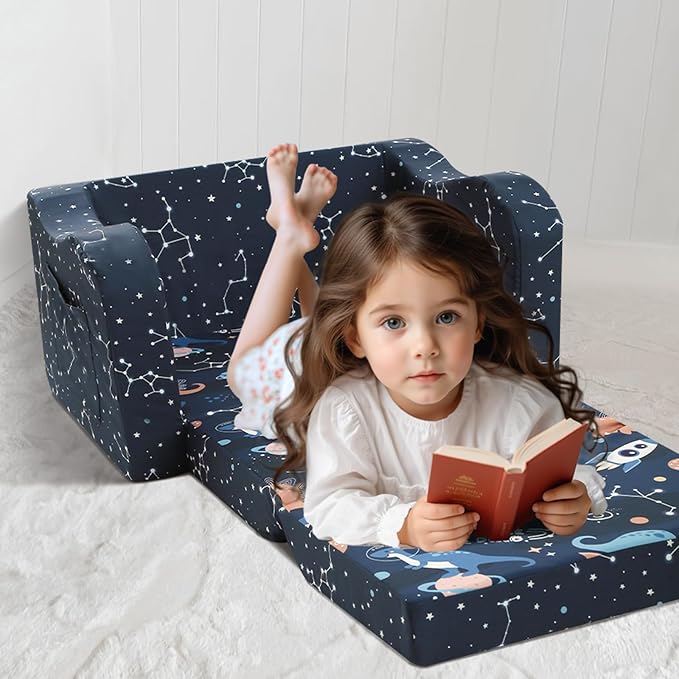 MeMoreCool Toddler Couch Sofa – 2-in-1 Foldable Kids Chair & Lounger for Ages 1–3 Soft Star Pattern | Pull-Out Sleep Sofa | Ideal for Playroom or Travel