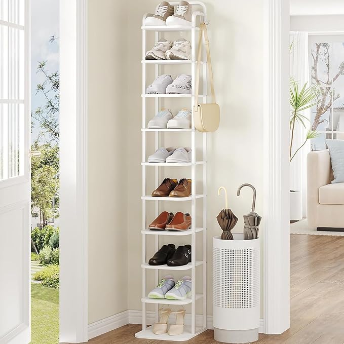 10 Tiers Vertical Shoe Rack, Narrow Shoe Tower, Tall Shoes Shelf with 2 Hooks, Adjustable Shelves, Corner Shoes Shelves for Small Spaces, Entryway, Living Room, White SR11213W