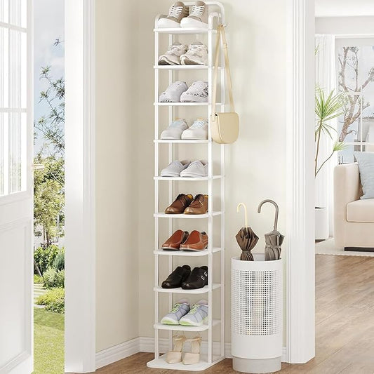 10 Tiers Vertical Shoe Rack, Narrow Shoe Tower, Tall Shoes Shelf with 2 Hooks, Adjustable Shelves, Corner Shoes Shelves for Small Spaces, Entryway, Living Room, White SR11213W