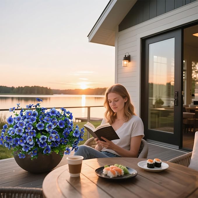 12 Bundles Artificial Flowers for Outdoor Indoor Fake Flowers uv Resistant Artificial Outdoor Flowers Fake Plants for Porch Garden Home Patio Decor(Blue)