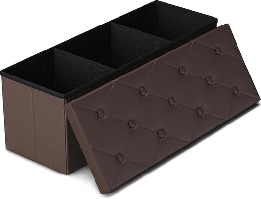 GLAXYFUR Storage Ottoman Bench, 43 Inches Folding Ottoman with 2 Dividers, PU Leather Foot Rest, End of Bed Bench, Storage Chest for Living Room, Bedroom and Entryway, Brown
