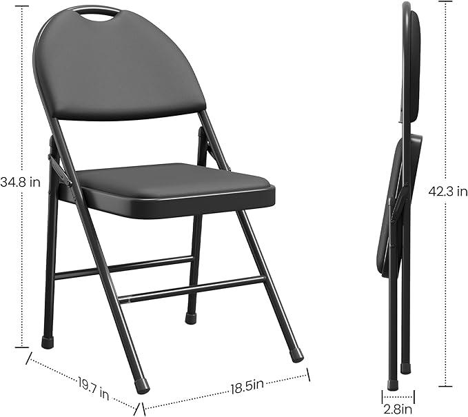 IDEALHOUSE 4 Pack Folding Chairs with PU Leather Padded Cushion, 350lbs Capacity, Lightweight Ergonomic Design, Metal Frame, Indoor Outdoor Portable Stackable Seats for Home Office Party Events，Black