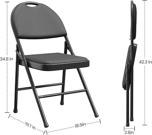 IDEALHOUSE 4 Pack Folding Chairs with PU Leather Padded Cushion, 350lbs Capacity, Lightweight Ergonomic Design, Metal Frame, Indoor Outdoor Portable Stackable Seats for Home Office Party Events，Black