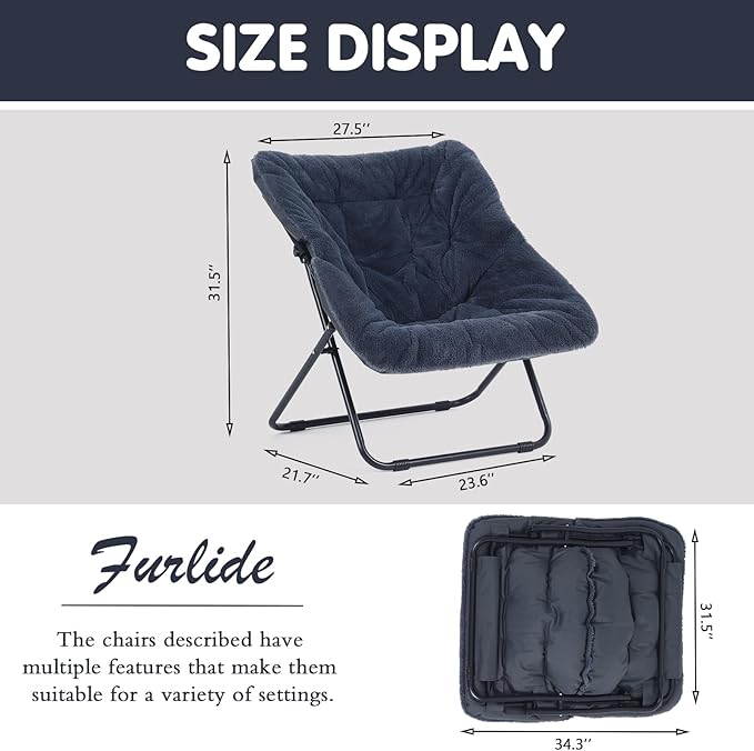 Saucer Chair, Comfy Doorm Chairs, Oversized Folding Faux Fur Chair, Foldable Metal Frame Chair, for Bedroom, Living Room, Balcony, Study, Playroom (Navy Blue)