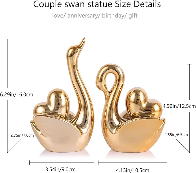 Loving Swan Figurine with Gold Heart Statue, Ceramic Animal Regalos Para Parejas, Cute Figurines Pottery Gifts for Anniversary, Couple Swan Sculpture for Women Dresser Knick Knacks Shelves Show Pieces