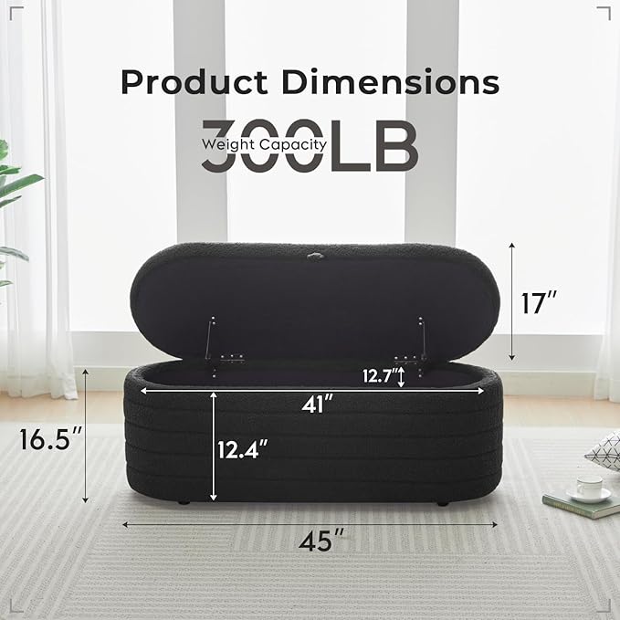 Storage Ottoman Bench End of Bed for Bedroom,45 inch Boucle Upholstered Entryway Shoe Seat Bench w/ Storage,Sherpa Modern Cute Padded Blanket Chest Stool Foot Rest for Living Room,Black