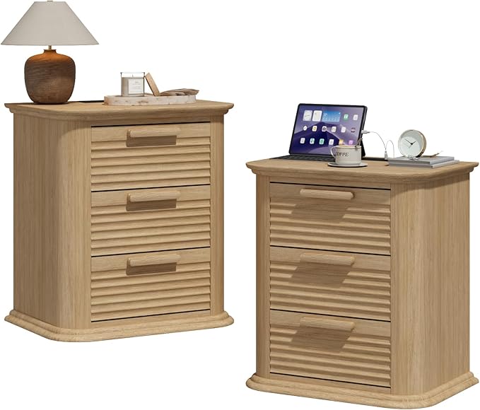 22'' Fluted Nightstand with Charging Station Set of 2, Modern End Table with 3 Drawers and Storage, Wood Side Table Dresser with Round Corner for Bedroom, Living Room, Curved Profile, Natural Oak