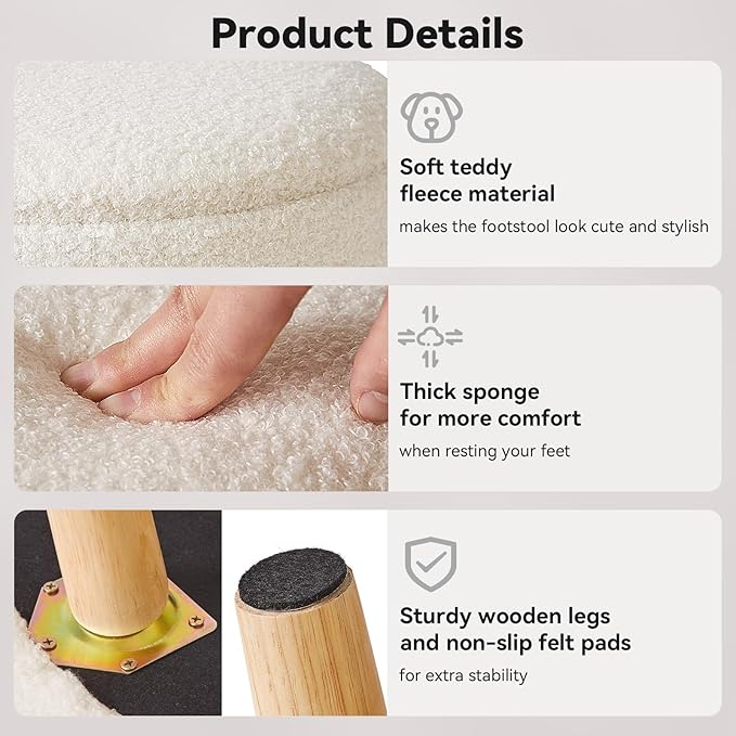 IBUYKE 13 Inch Foot Stool Ottoman with Storage, Round Small Foot Rest with Padded Seat and Wood Legs, Teddy Velvet Mini Footstool for Living Room Couch Bedroom Entryway, Cream WBD006W