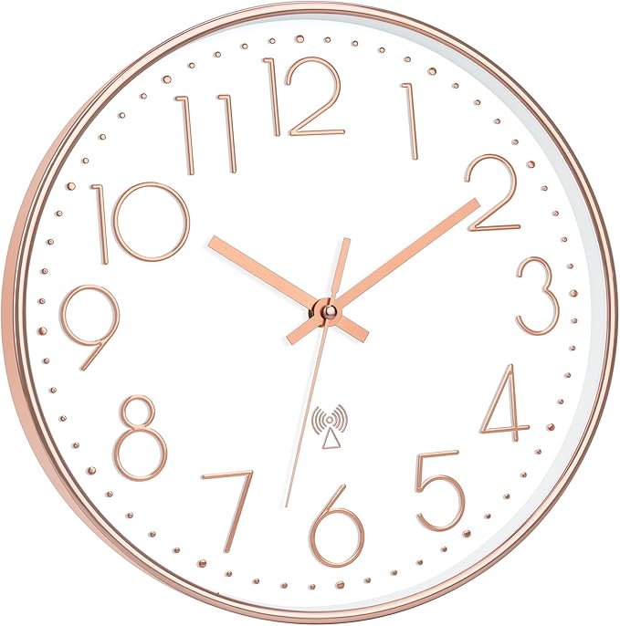 Foxtop Atomic Wall Clock Battery Operated Round Analog Modern Wall Clock Sets Automatically for Office Classroom Bedroom Kitchen Living Room (Rose Gold)