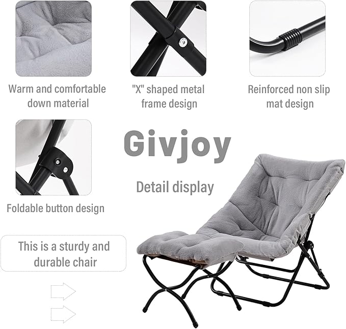 Comfy Folded Chair with Ottoman, Oversized Folding Faux Fur Chair Soft Furry Lounge Lazy Chair with Metal Frame Moon Chair Accent Chair for Bedroom, Living Room, Dorm Rooms