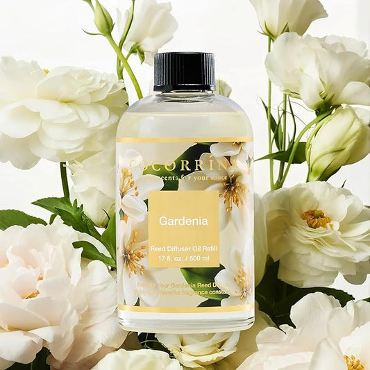 Cocorrína Reed Diffuser Refill Gardenia 17oz (500ml) with 8 Sticks - Premium Long-Lasting Scented Oil, Home Fragrance for Bedroom, Bathroom Home Decor
