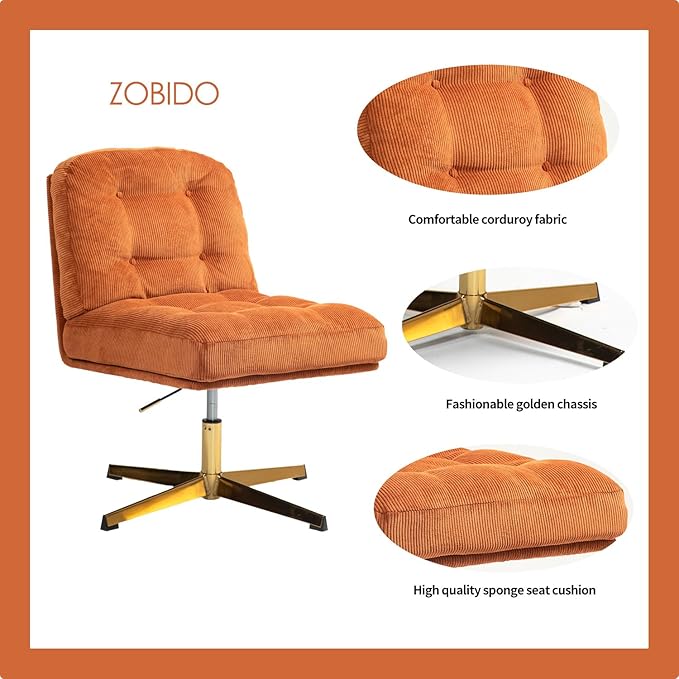 ZOBIDO Modern Accent Corduroy Chairs Comfy Upholstered Vanity Chairs for Bedroom Armchair Dining Chairs with Golden Metal Legs Desk Chair for Living Room(Orange