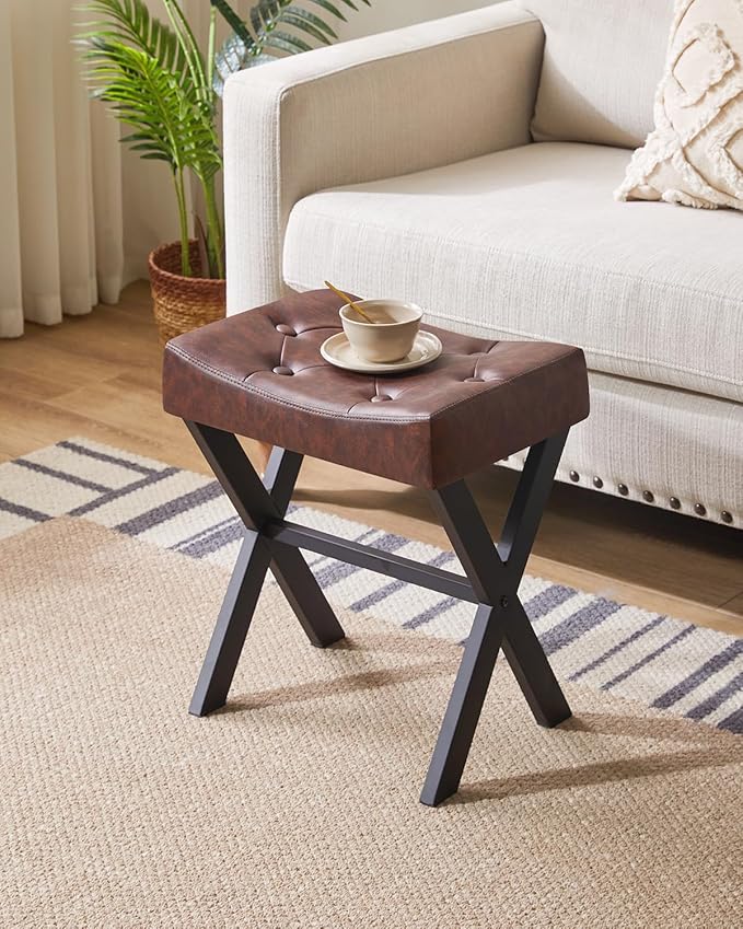 IBUYKE U-Shaped PU Vanity Stool, Square Makeup Chair with X-Leg, Ottoman Seat Footrest Stool, Multi-Use as Small Side Table, for Bedroom, Living Room, Dark Brown WBD019Z