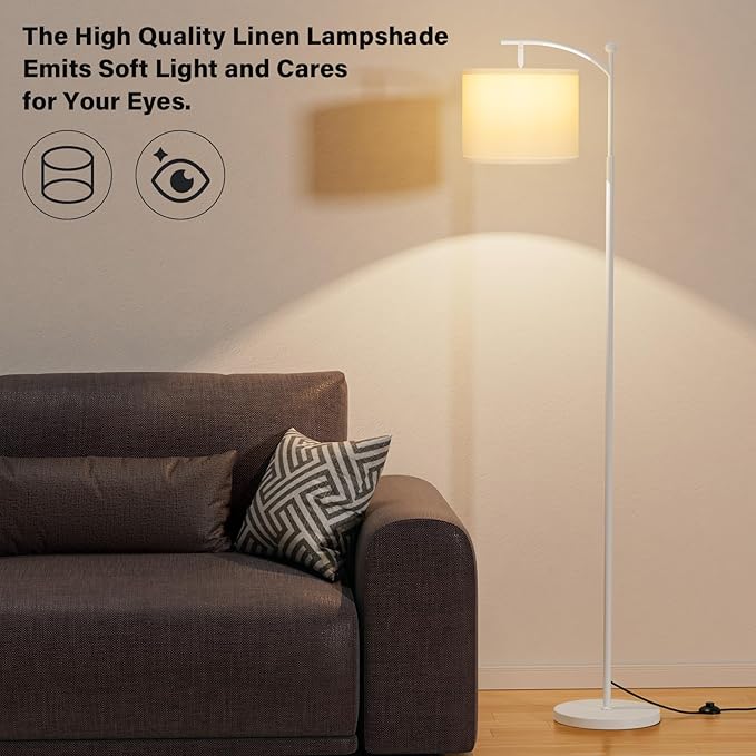 60" Floor Lamps for Living Room & 3 Color Temperatures Bulb, White Lampshade & Foot Switch Included, Easy to Install, 9W Bulb Included(White Shade & White Pole)