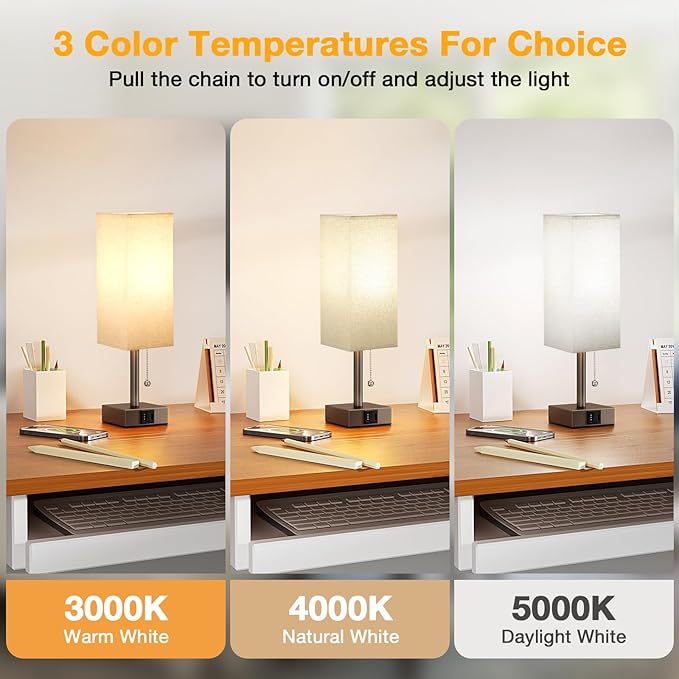 aooshine Beige Small Table Lamp for Bedroom - 3 Color Temperature 3000K 5000K 4000K Bedside Lamp, Pull Chain Control, USB A and C Ports, Brown Base, Bulb Included