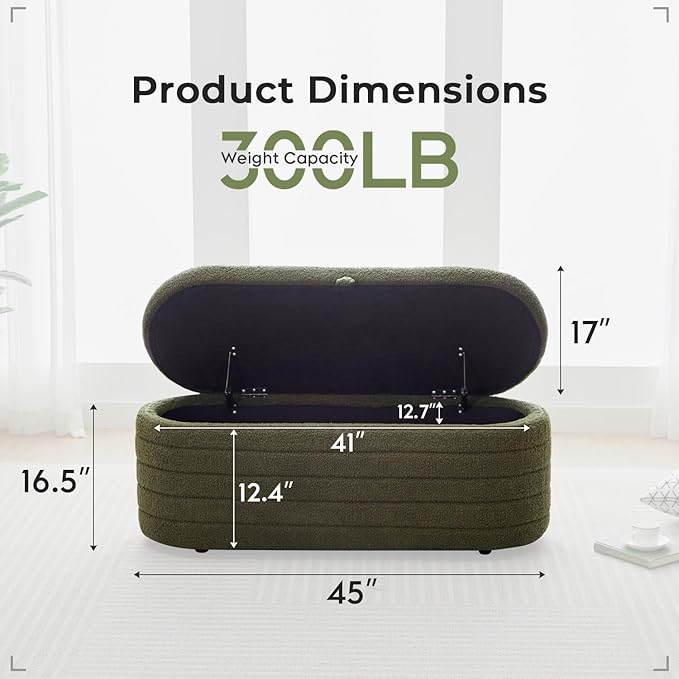 Storage Ottoman Bench End of Bed for Bedroom,45 inch Boucle Upholstered Entryway Shoe Seat Bench w/ Storage,Sherpa Modern Cute Padded Blanket Chest Stool Foot Rest for Living Room,Window Seating,Green