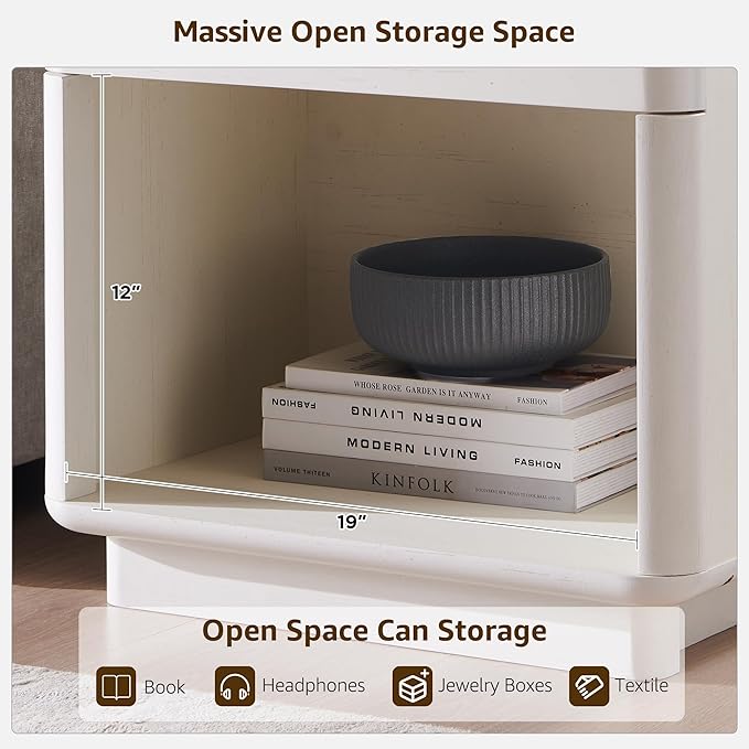 ACCOHOHO Modern Nightstand with Charger Station, 22" Wide Night Stand with Storage Drawer & Open Shelf, Large Bedside Table for Bedroom, Wood End Table, Curved Profile, White