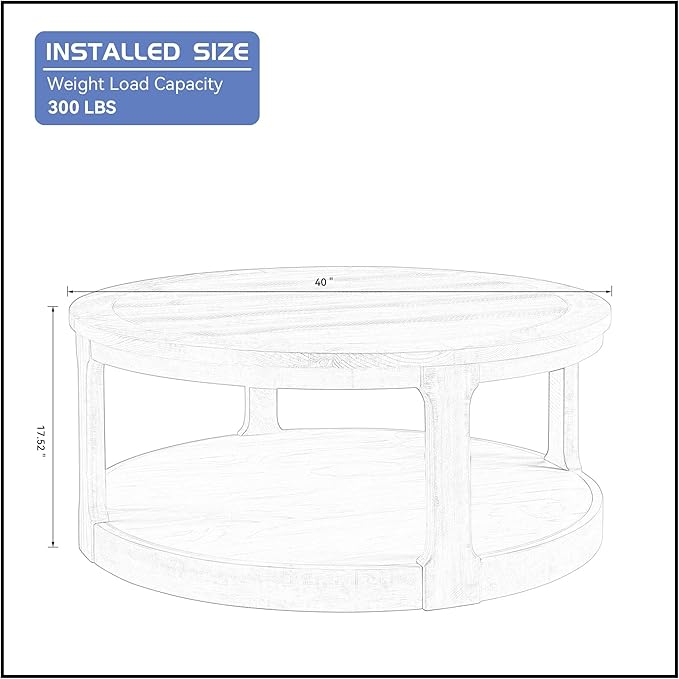 40'' Brown Round Coffee Table, Round End Table 2 Tier Wood Coffee Table Round Circle Coffee Table for Living Room, Traditional Retro Farmhouse Style Rounded Wooden Table for Office(ø40'' x 17.52'')