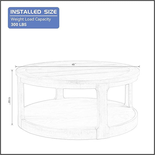 40'' Brown Round Coffee Table, Round End Table 2 Tier Wood Coffee Table Round Circle Coffee Table for Living Room, Traditional Retro Farmhouse Style Rounded Wooden Table for Office(ø40'' x 17.52'')