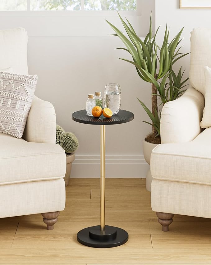 Round Side Table, Small Drink Table for Small Spaces, Modern Accent End Table with Metal Leg for Living Room, Bedroom, Corners, and Office (Black Gold)