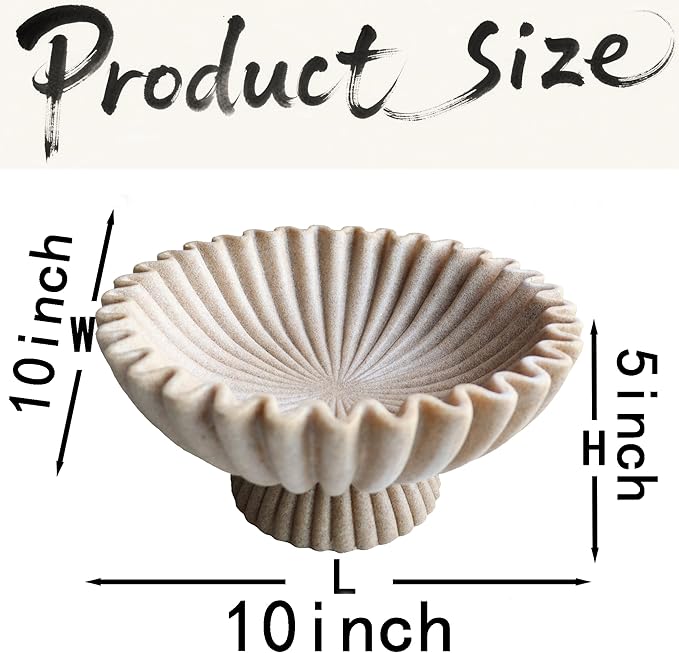 10" Large Decorative Bowl decor, Scalloped Bowls for Modern Home Decor,Ruffle Decor,Stylish Key Bowl for Entry Table,Decorative Fruit Bowl for Kitchen Counter,With base,Artificial Stone Beige