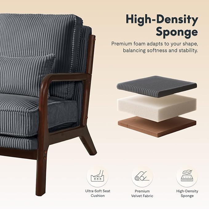 FLEXISPOT AC1 Accent Chairs Set of 2, Upholstered Mid Century Modern Corduroy Armchairs with Solid Wood Frame, Comfy Lounge Reading Chairs Farmhouse Armchairs for Living Room, Bedroom, Balcony (Gray)