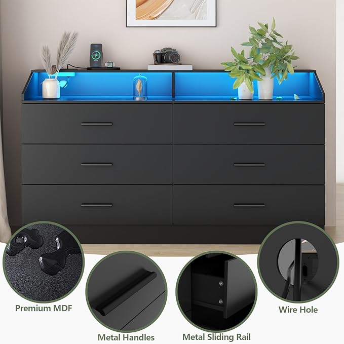 6 Drawer Dresser with Power Outlet, Chest of Drawers with LED Light, Modern Dresser with Open Storage Cubby, Double Wide Dressers Organizer for Bedroom, Living Room, Entryway, Hallway