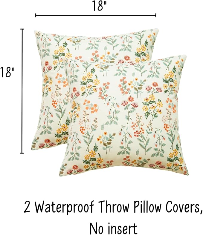Floral Outdoor Pillows Waterproof for Patio Furniture 18x18 Set of 2 Beige Cream Decorative Pillow Covers for Couch Porch Chair Bench Reversable Country Rustic Farmhouse Pillow Cases Cream