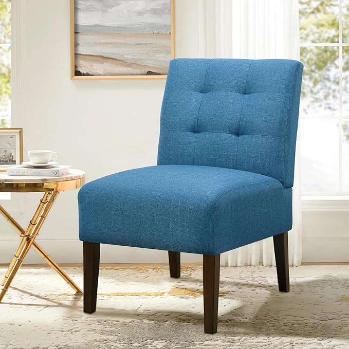 Slipper Accent Chair Modern Armless Lounge Chair with Wood Legs Upholstered Makeup Vanity Tufted Side Chair Fabric Comfy with Decor Back for Living Room Bedroom Patio (Pin Back, Blue)